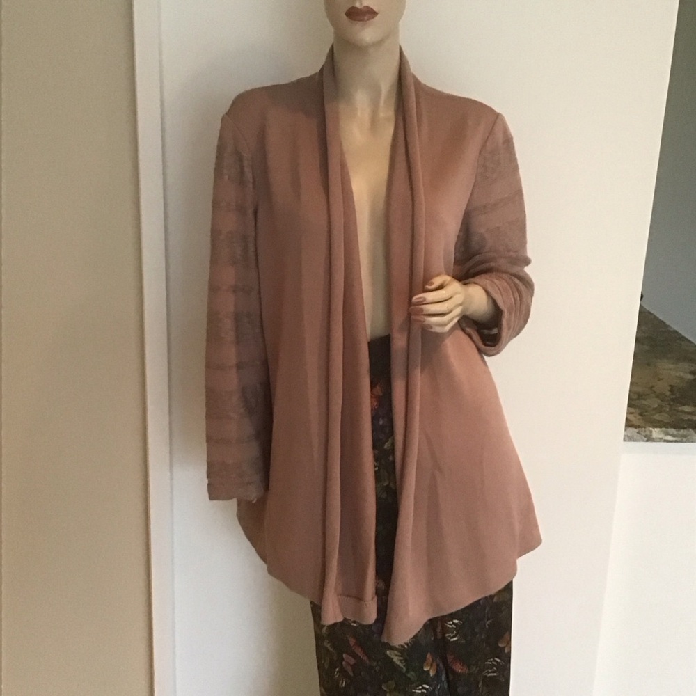 Misook Tan Beige Textured‎ Knit Open Front Collar Cardigan Jacket Blazer L